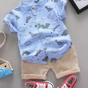 Baby Boy Summer Cartoon Allover Print Stand Collar Short Sleeve Shirt And Shorts Set With Small Dinosaur Pattern