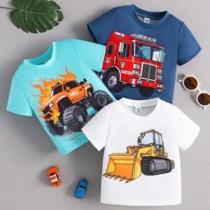 Baby Boy Summer/Spring Cute Excavator And Car Pattern Printed Top 3pcs Outfits Set
