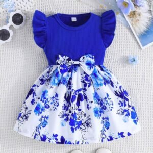 Baby Girl Summer Flutter Sleeve Floral Printed Dress With Bow Decor