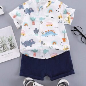 Baby Boy Car & Dinosaur Print Polo Collar Shirt & Shorts Set, Summer