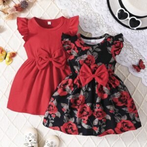 2pcs/Set Baby Girl Cute Ruffle Sleeve Round Neck Butterfly Jacquard Summer Dress Outfit