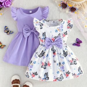 Baby Girls' Summer Casual 2pcs Ruffled Sleeve Dress With Bowknot, Featuring Butterfly Print And Solid Color