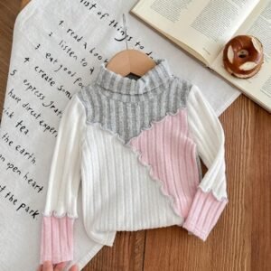 Baby Girls' Fashion Street Style Knitted Fuzzy Colorblock Crew Neck Sweater, Gray Crew Neck Long Sleeve Fuzzy Sweater For Toddlers, Suitable For Fall/Winter Outings