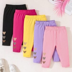 5pcs Baby Girls' Casual Cute Heart Printed Bottoms Comfortable All-Match Leggings For Daily Wear, Spring And Summer