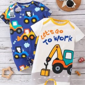 Baby Boy 2pcs Cute Transport Vehicle Excavator Pattern Short Sleeve Romper, Spring Summer