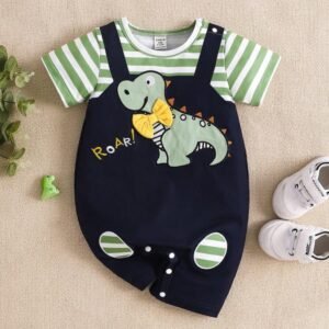 Baby Boy Cute Dinosaur Embroidery Striped 2 In 1 Romper , Spring/Summer