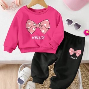Bow Print, Baby Girl Knitted Soft Pullover Casual Loose Crew Neck Thick Sweatshirt Set, Suitable For Autumn And Winter