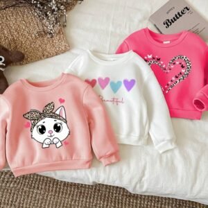 3pcs Heart Pattern Baby Girls' Casual Simple Thick Thermal Lined Long Sleeve Sweatshirts In White, Pink, Burgundy, Suitable For Autumn And Winter