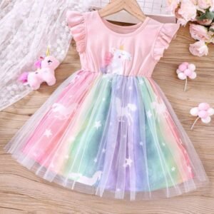 Young Girl's Colorful Unicorn Printed Mesh Dress With Ruffle Hem For Summer