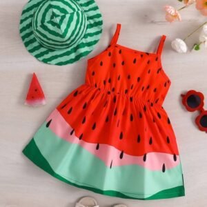 Baby Girl 2pcs Casual Style Watermelon Printed Strap Dress And Hat Set, Summer