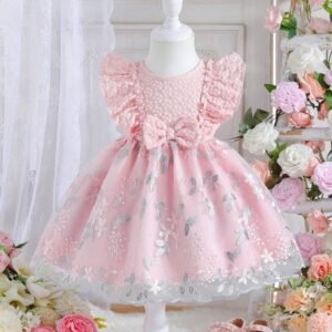 Baby Girl Lovely Ruffle Bowknot Decoration Flower Embroidered Mesh Dress For Outing, Summer