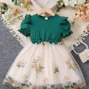 Young Girl Vintage Mesh Flower Embroidery Patchwork Party Dress For Gathering