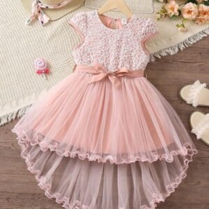 Glamorique Kids Young Girl Light Pink Solid Color Sweet Mesh Dress With Round Neckline And Short Sleeves For Summer