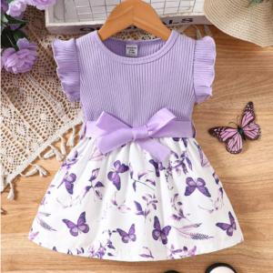 Casual Butterfly Pattern Printed Dress With Belt, Basic And Cute For Daily Wear And Outing
