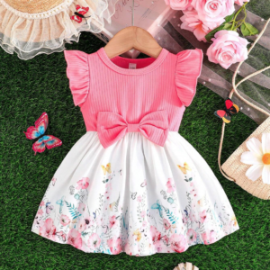 Baby Girl Summer Cap Sleeve Cute Flower Pattern Dress With Exquisite Bow