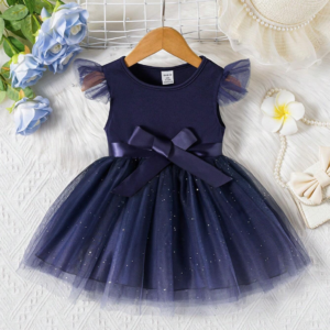 Glamorique Kids Baby Girl Iridescent Shiny Flounce Hem Dress, Blue