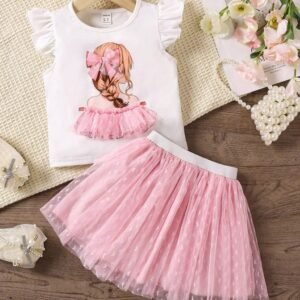 Young Girl Cartoon Character Print Mesh Splice Cap Sleeve Top And Heart Mesh Skirt Two-Piece Set