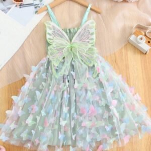 Young Girl Gorgeous Cute Fantasy Princess 3D Butterfly Decor Rainbow Color Spaghetti Strap Party Birthday Dress