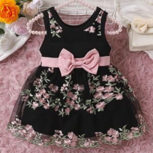 Baby Girl Floral Embroidery Mesh Overlay Bow Front Dress