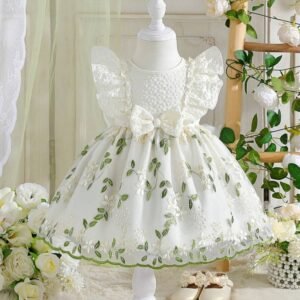 Ruffle Bow Detail Decorated Floral Embroidered Mesh Dress