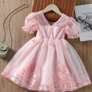 Toddler Girls Puff Sleeve Peacock Embroidery Mesh Dress