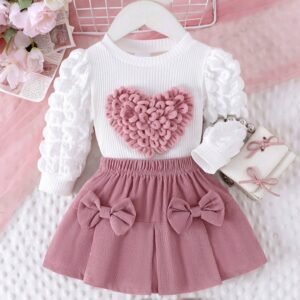 2pcs Baby Girls Fashion Elegant Heart Shape Puff Sleeve Top + Skirt Set