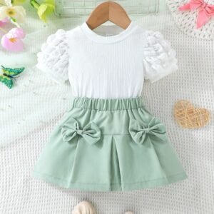 Puff Sleeve Short Sleeve T-Shirt & Bowknot Skirt Outfit