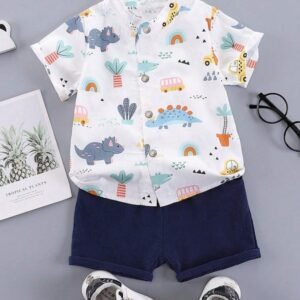 Baby Boy Car & Dinosaur Print Polo Collar Shirt & Shorts Set