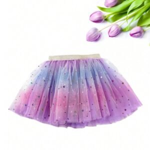 Young Girls' Gradient Mesh Skirt With Moon, Star & Glitter Sequins For Dance, Festival Performance Dress-Up