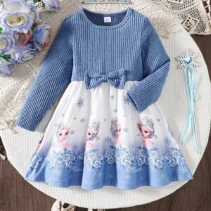 Butterfly Waist Decor Round Neck Long Sleeve Dress, Cartoon Ice Princess Printed Hem