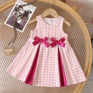 Baby Girl Knitted Cute Houndstooth Contrast Color Bow Sleeveless Dress