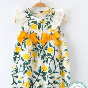 Baby Girl Double Bow Ruffle Plants Print Romper