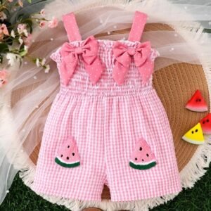 Baby Girl Sweet Bow Decor Watermelon Applique Plaid Strap Romper