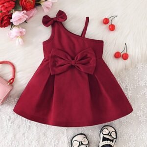 Fashionable Baby Girls' Solid Color Dress With Bow Decoration