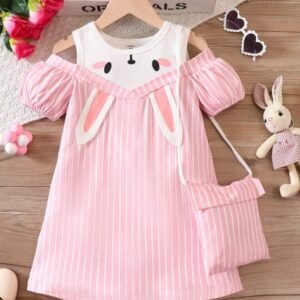 Young Girl Cute Striped & Printed Dress With 3d Bunny Ears & Off Shoulder Design, With Bag