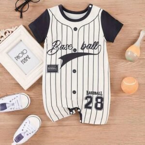 Baby Boy Striped & Printed Romper Baseball Letter Printed Infant Romper Summer Outfits