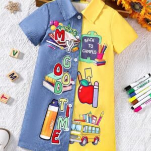 Young Girl's Spring/Summer Two-Tone Letter & Book Print Shirt Dress