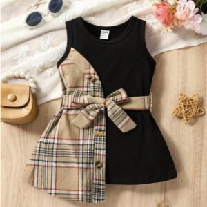 Baby Girl Plaid Print Asymmetrical Hem Belted Dress, For Christmas