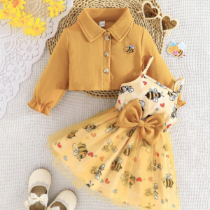 2pcs Baby Girl Ruffled Long Sleeve Embroidered Bee Jacket Paired With Simple Bee Print Mesh Dress, Set